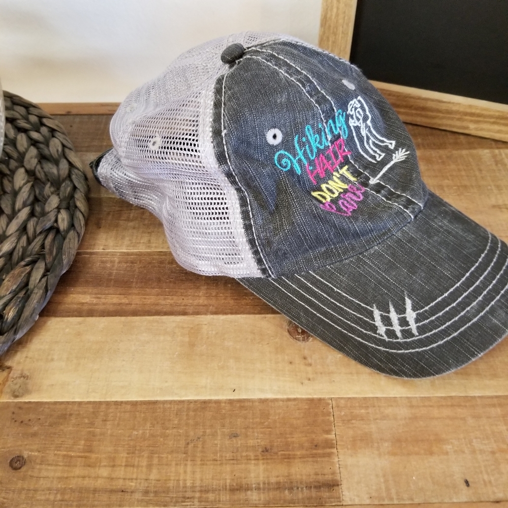 Hiking Hair Don't Care Embroidered Trucker Cap